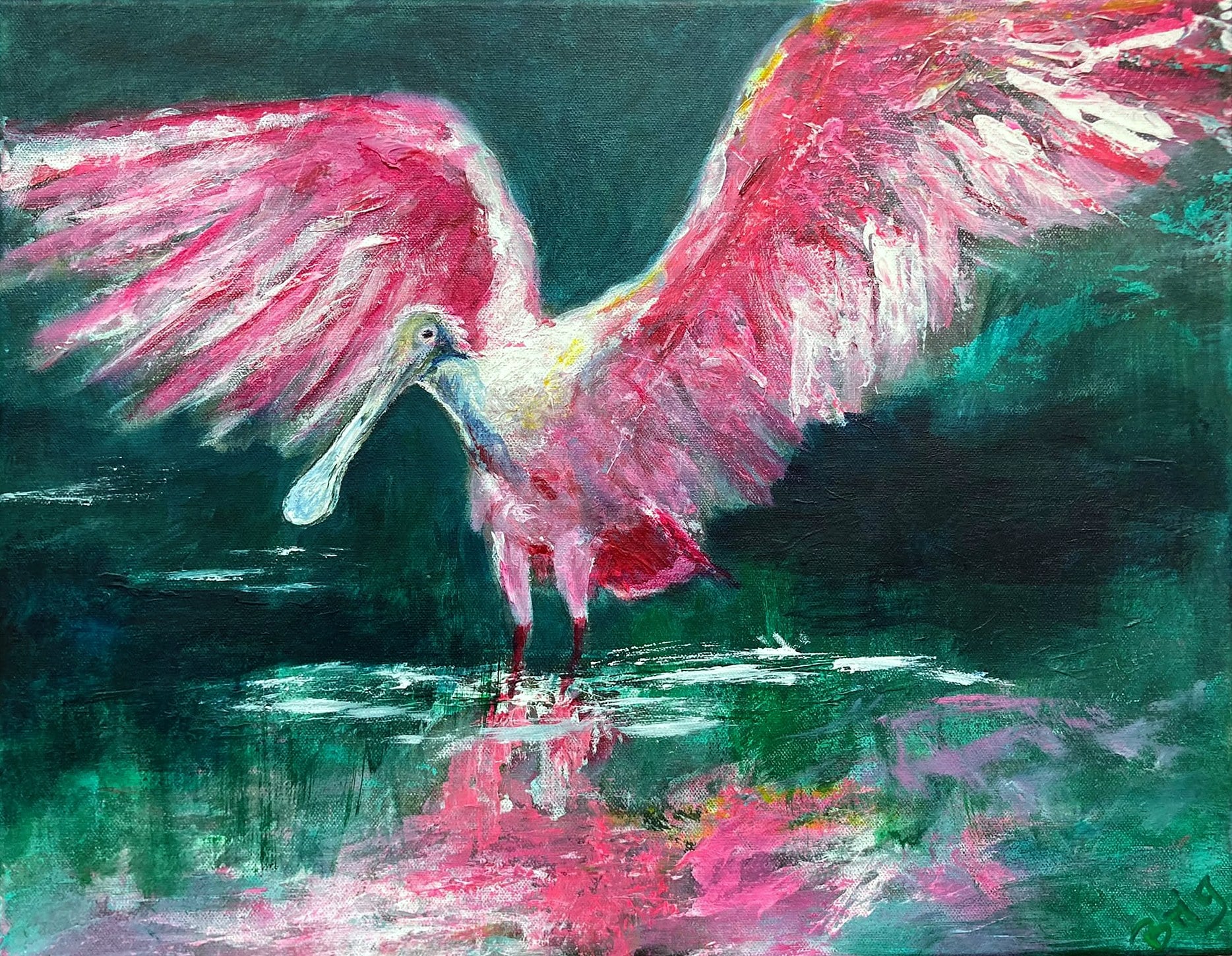 „Rosalöffler“ – Gemälde von Brig, Acryl auf Leinwand